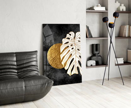 Gold Sun and Side Monstera Leaf Art Glass Wall Art