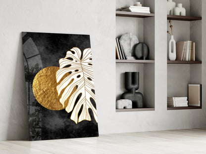 Gold Sun and Side Monstera Leaf Art Glass Wall Art