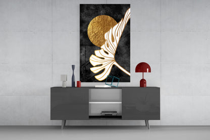 Gold Moon With Sweeping Palm Leaf Art Glass Wall Art