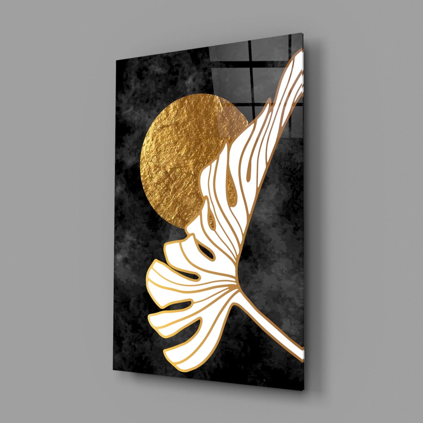 Gold Moon With Sweeping Palm Leaf Art Glass Wall Art