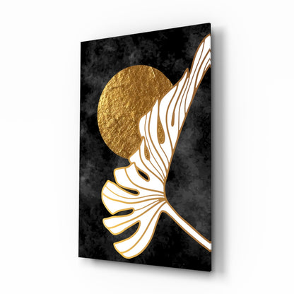 Gold Moon With Sweeping Palm Leaf Art Glass Wall Art