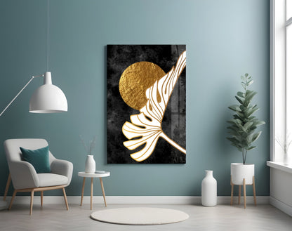Gold Moon With Sweeping Palm Leaf Art Glass Wall Art