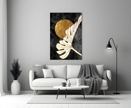 Gold Moon With Sweeping Palm Leaf Art Glass Wall Art