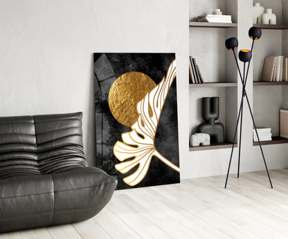 Gold Moon With Sweeping Palm Leaf Art Glass Wall Art