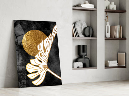 Gold Moon With Sweeping Palm Leaf Art Glass Wall Art