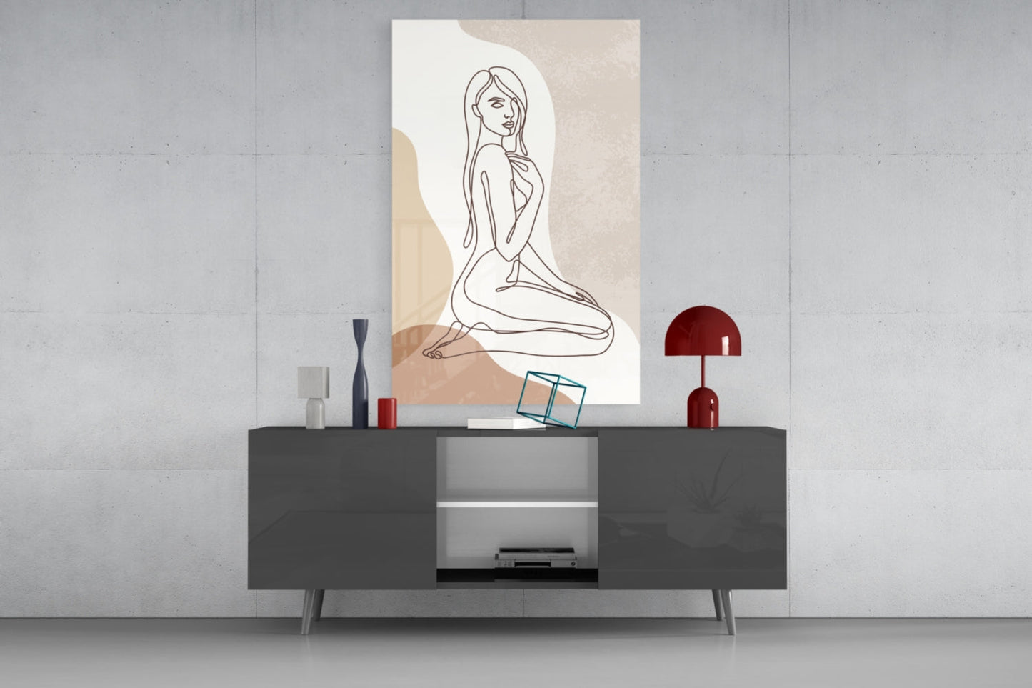 Kneeling Nude Woman Line Art Glass Wall Art