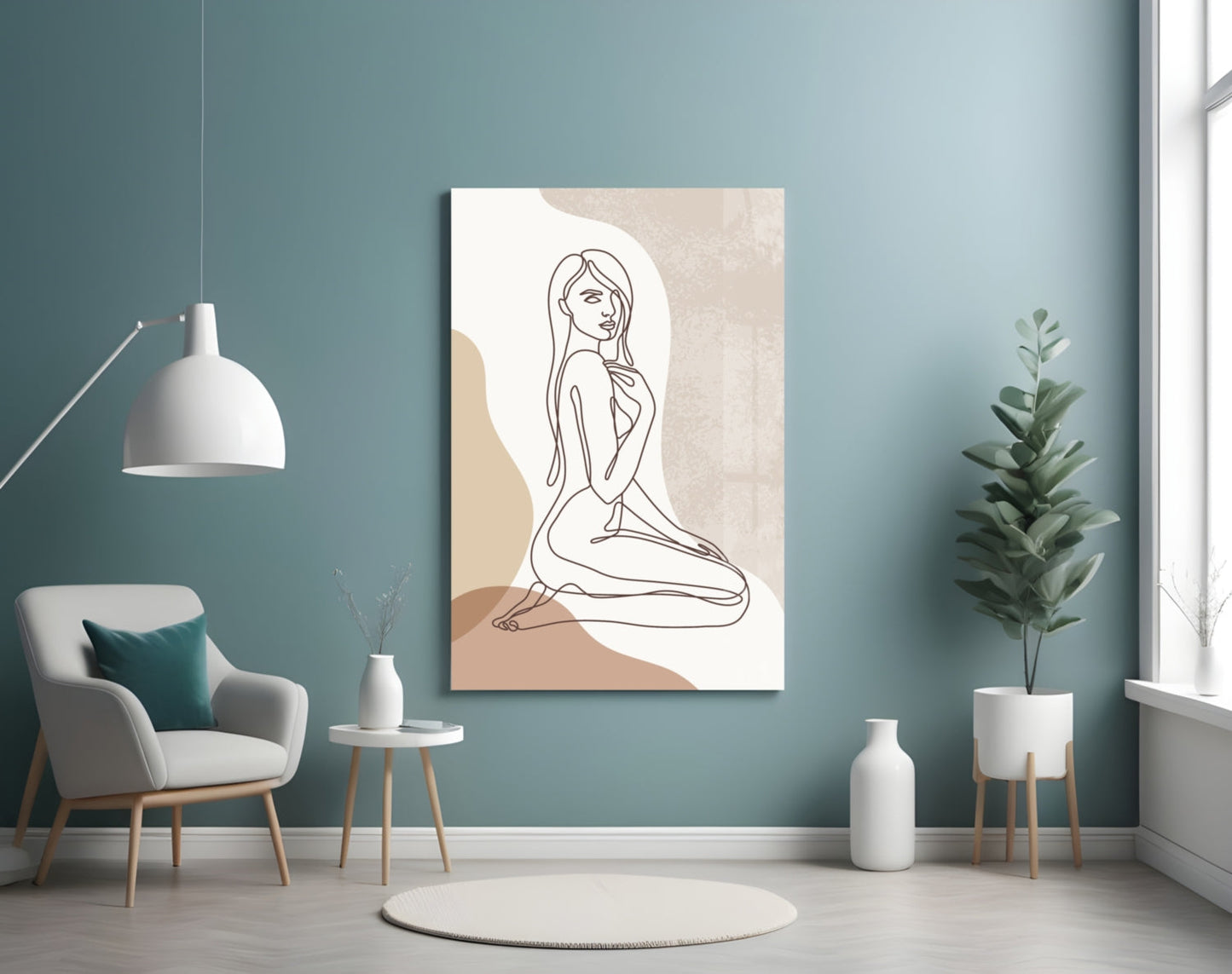 Kneeling Nude Woman Line Art Glass Wall Art
