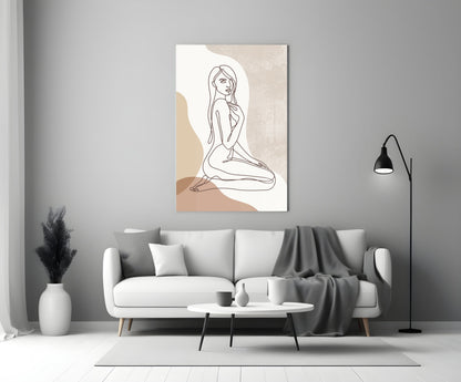Kneeling Nude Woman Line Art Glass Wall Art