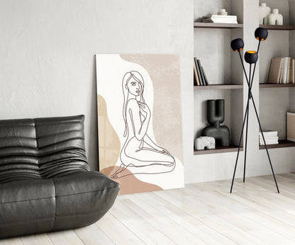Kneeling Nude Woman Line Art Glass Wall Art