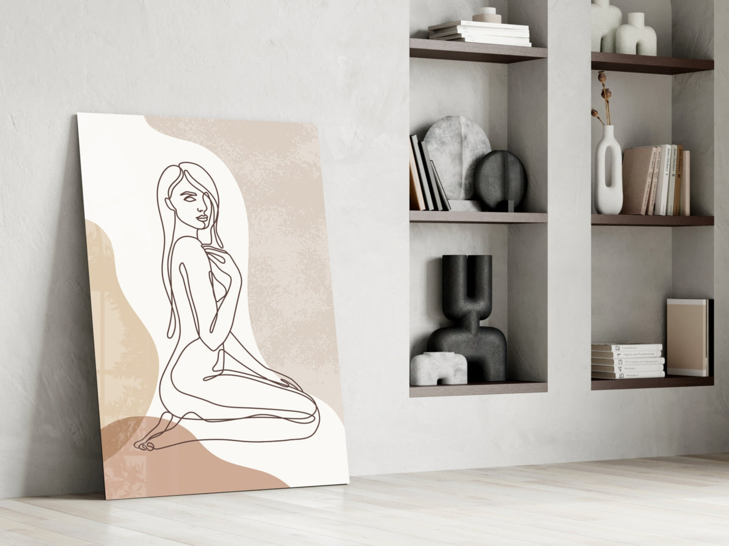 Kneeling Nude Woman Line Art Glass Wall Art