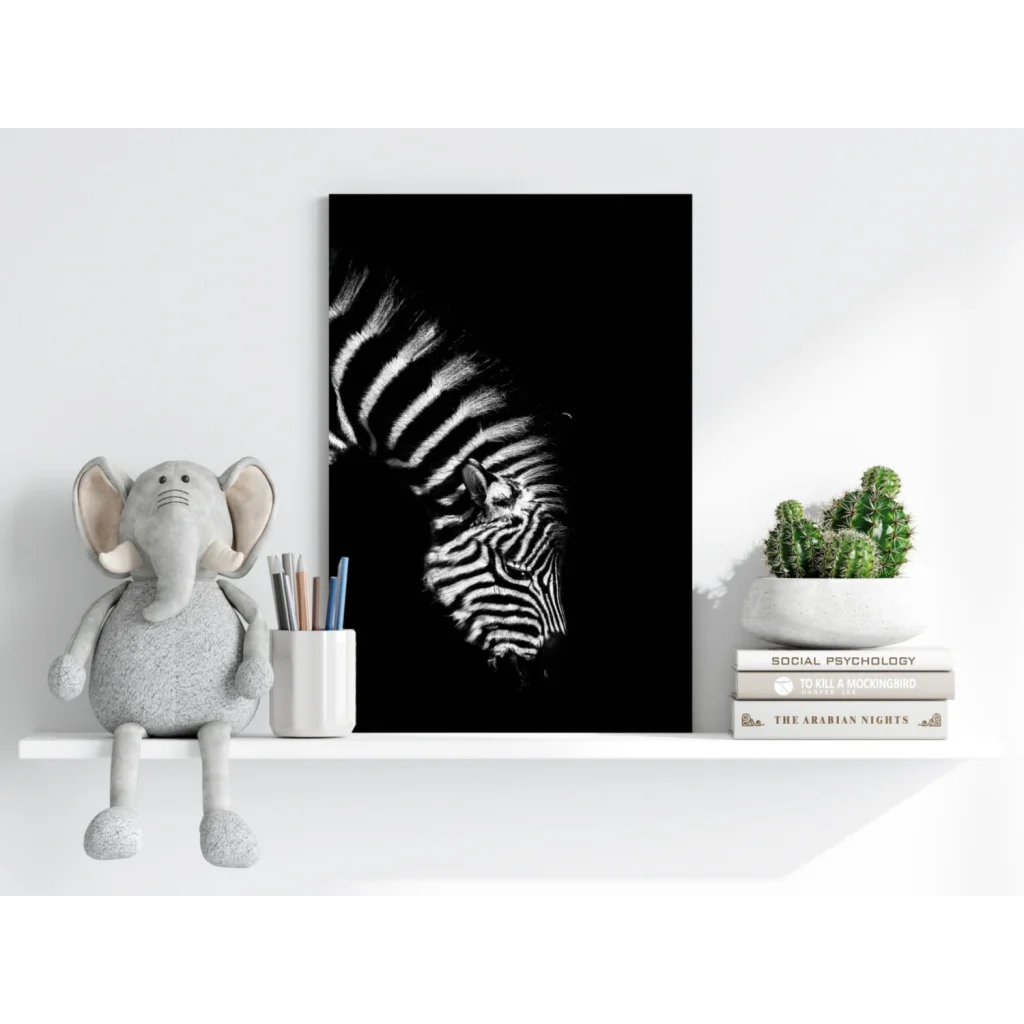 Striking zebra head profile on insigne aluminum print with wow factor