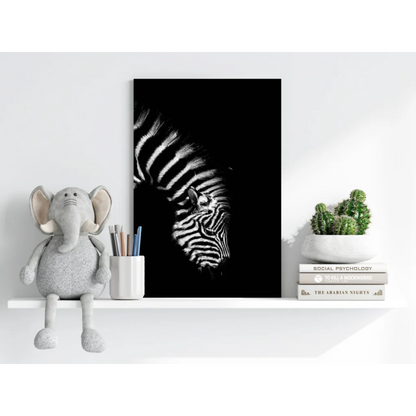 Striking zebra head profile on insigne aluminum print with wow factor