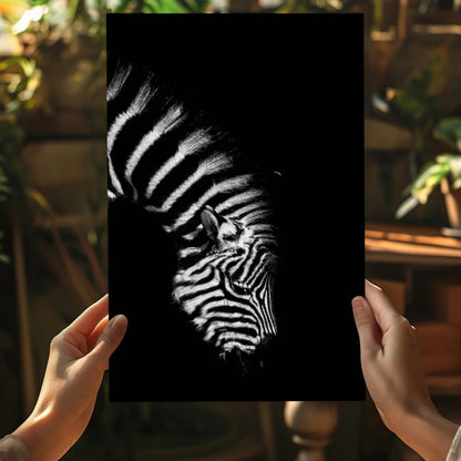 Hands holding black-and-white zebra portrait insigne aluminum print with wow factor