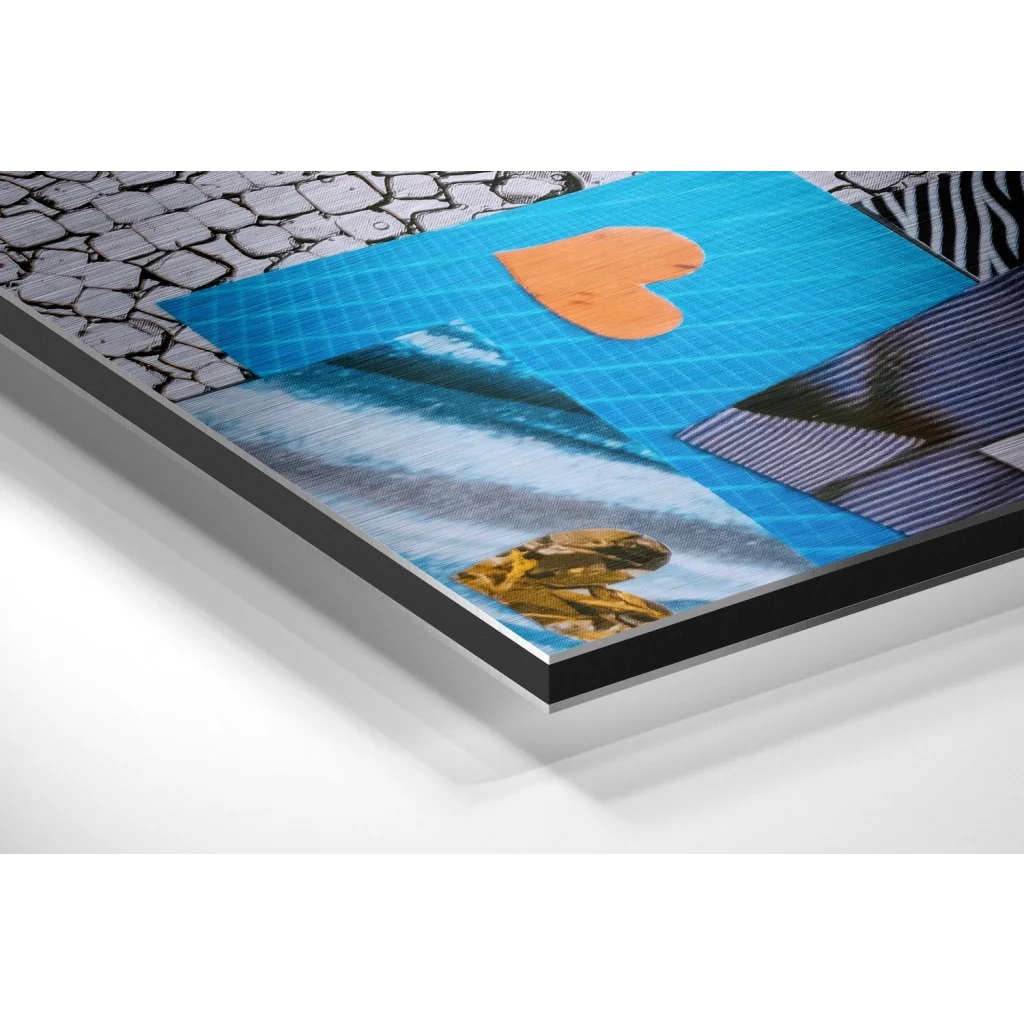 Vivid blue acrylic zebra art print on brushed aluminium dibond with heart and wave patterns