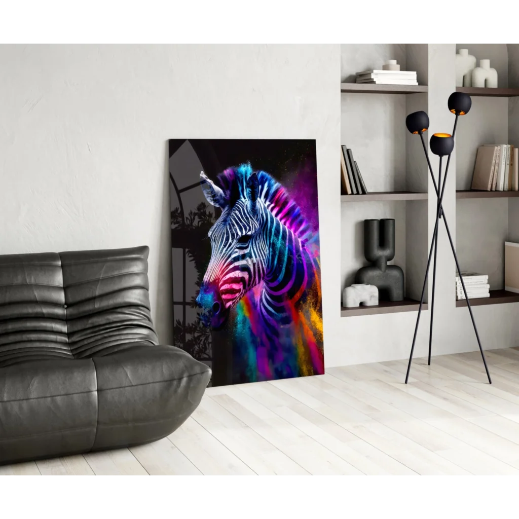 Vibrant neon zebra canvas wall art with electric rainbow glow