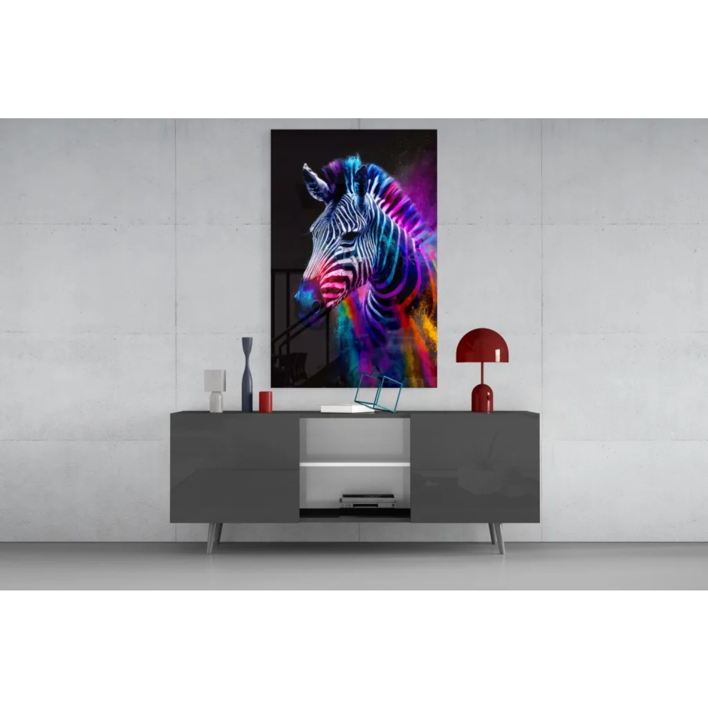Vibrant neon zebra canvas wall art with glowing rainbow stripes