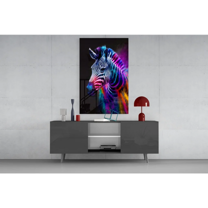 Vibrant neon zebra canvas wall art with glowing rainbow stripes