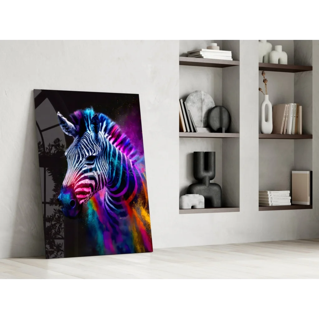 Vibrant neon zebra canvas wall art with electric rainbow glow
