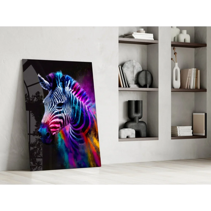 Vibrant neon zebra canvas wall art with electric rainbow glow