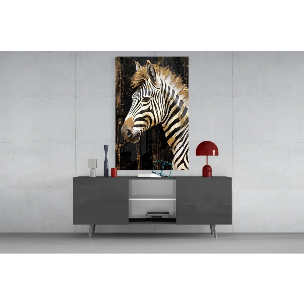 Stunning golden zebra wall art with metallic shimmer on gray console