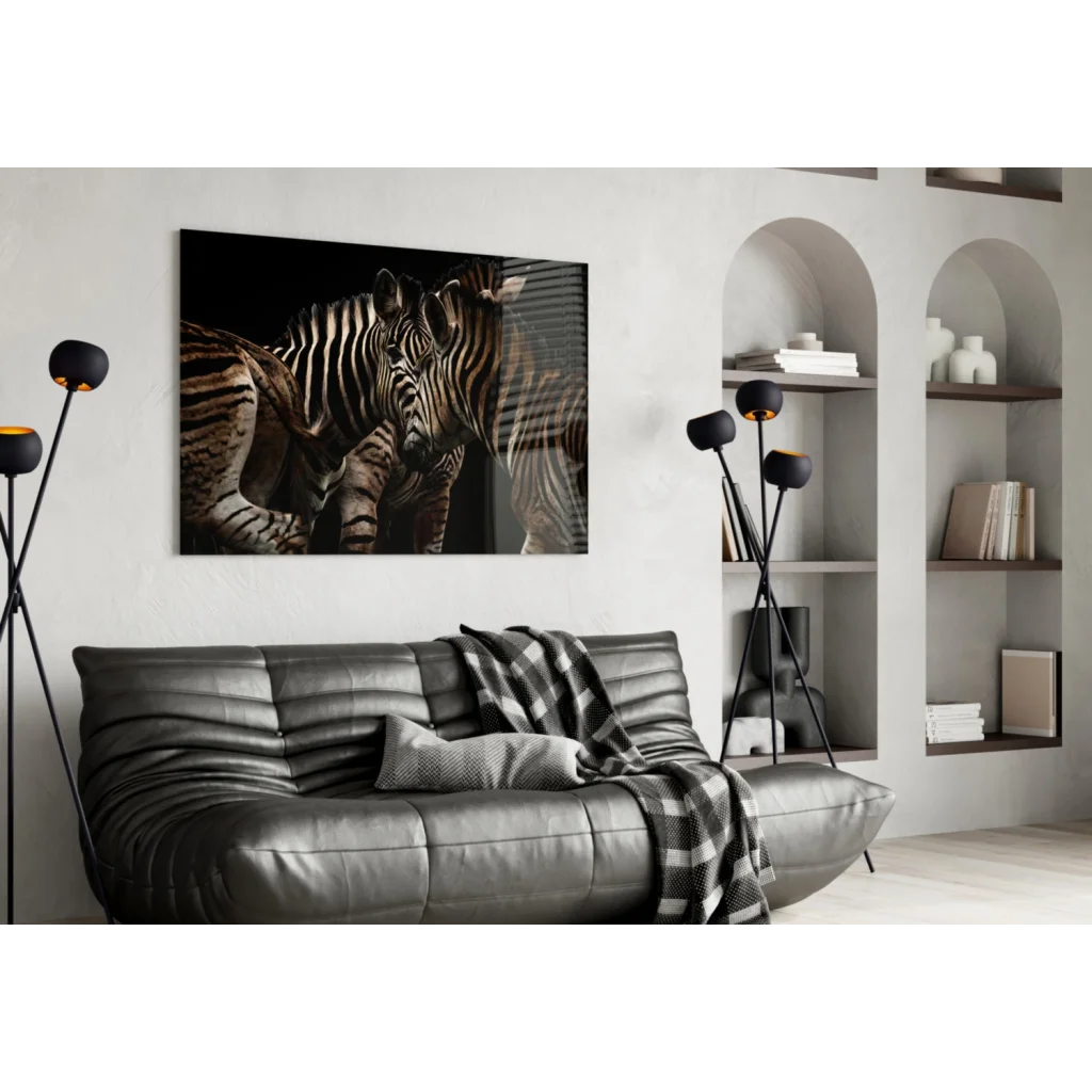 Stunning black and white zebra glass wall art mounted on wall