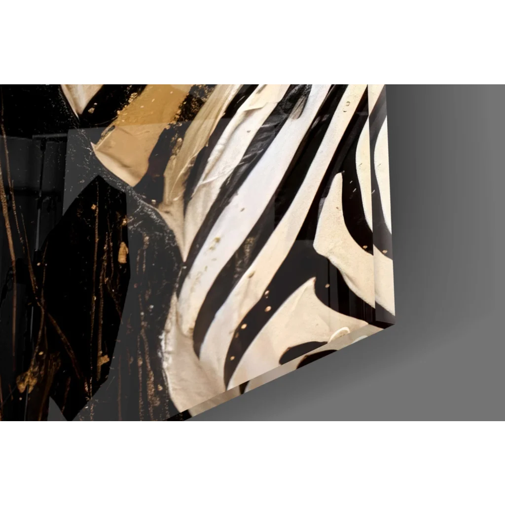 Black and white zebra wall art with gold accents and metallic shimmer