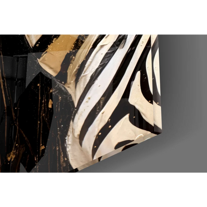 Black and white zebra wall art with gold accents and metallic shimmer