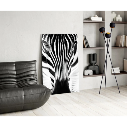 Stunning black-and-white zebra portrait glass wall art on canvas