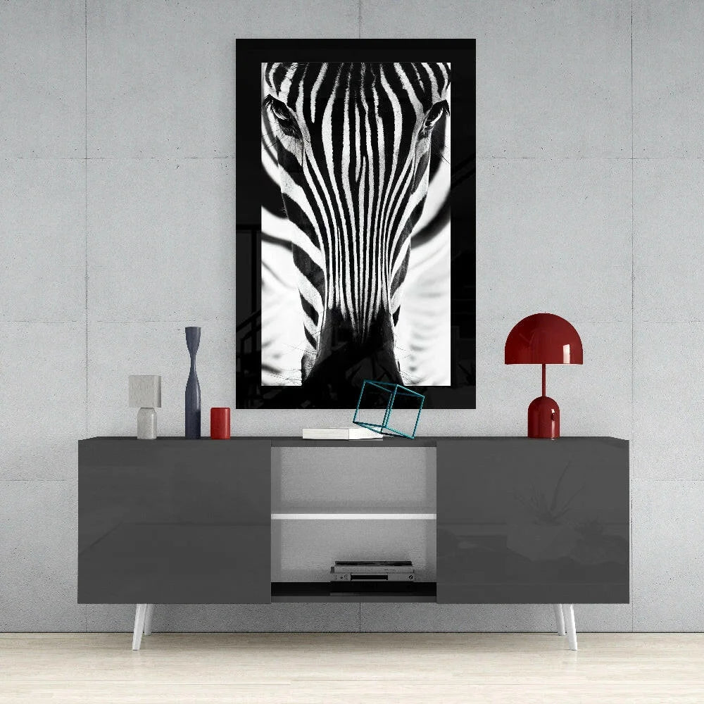 Bold zebra stripes glass wall art in black and white frame