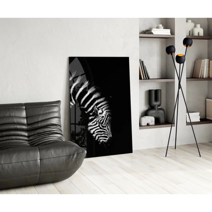 Stunning black-and-white zebra portrait on glass wall art canvas