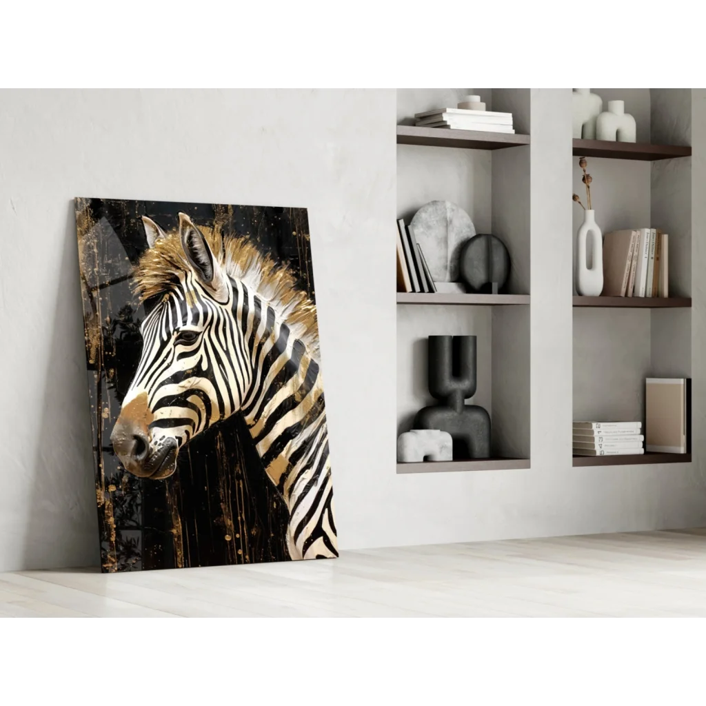 Stunning golden zebra wall art canvas with bold black stripes and metallic shimmer