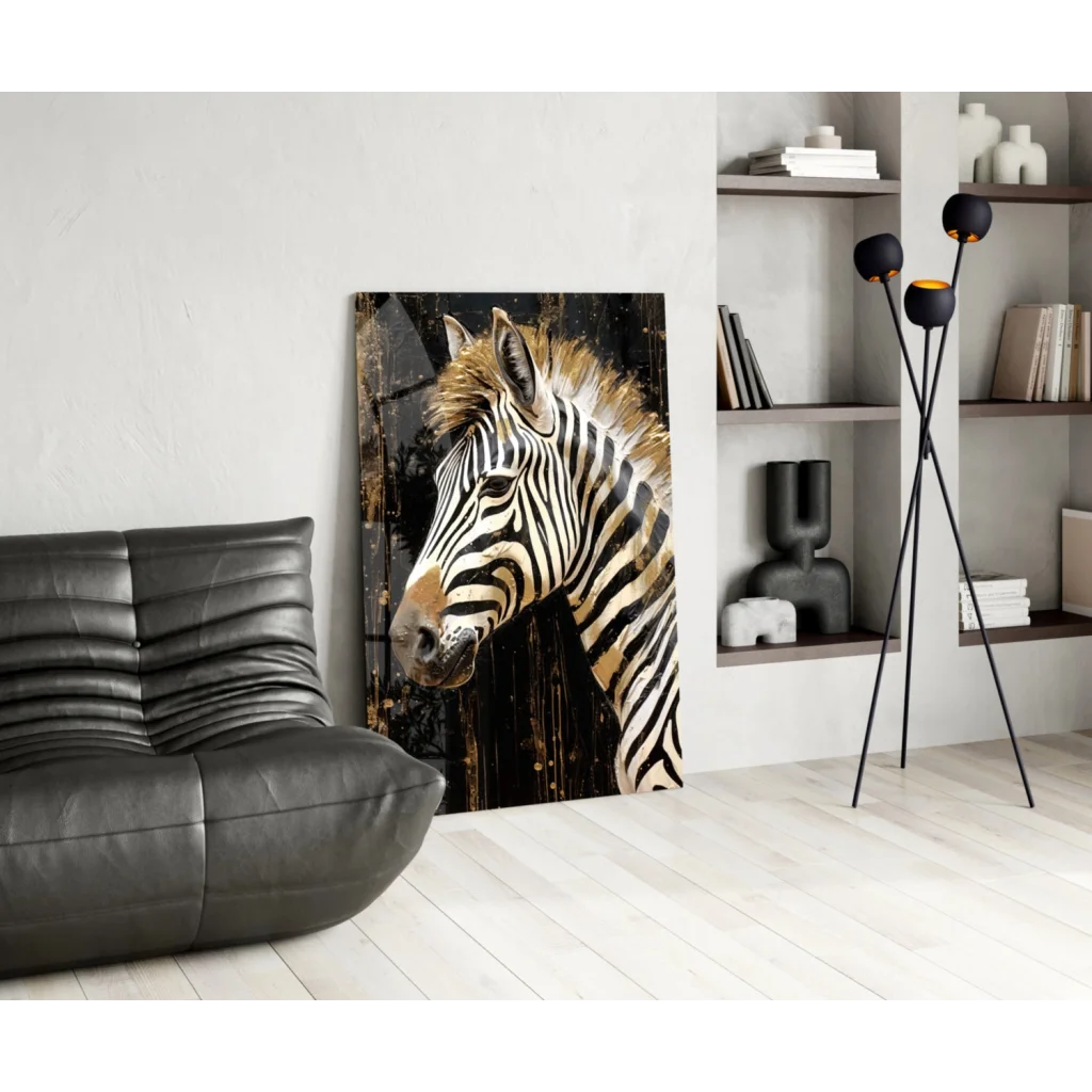 Stunning golden zebra wall art with metallic shimmer on canvas