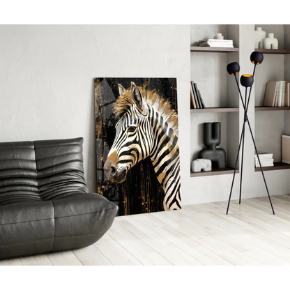 Stunning golden zebra wall art with metallic shimmer on canvas