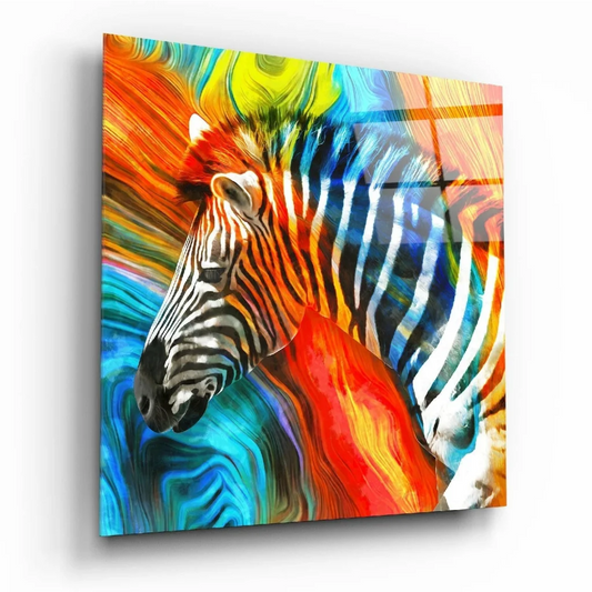 Electric Zebra Swirl glass wall art with vibrant abstract zebra portrait