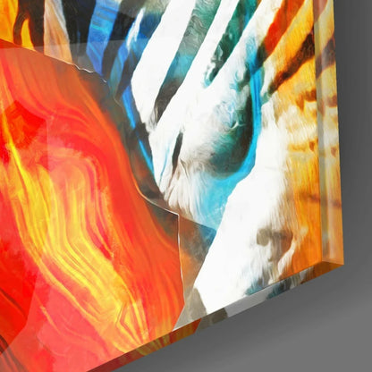 Vibrant electric zebra swirl glass wall art canvas print with bold red orange blue white patterns