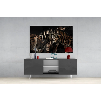 Striking black-and-white zebra glass wall art on gray console