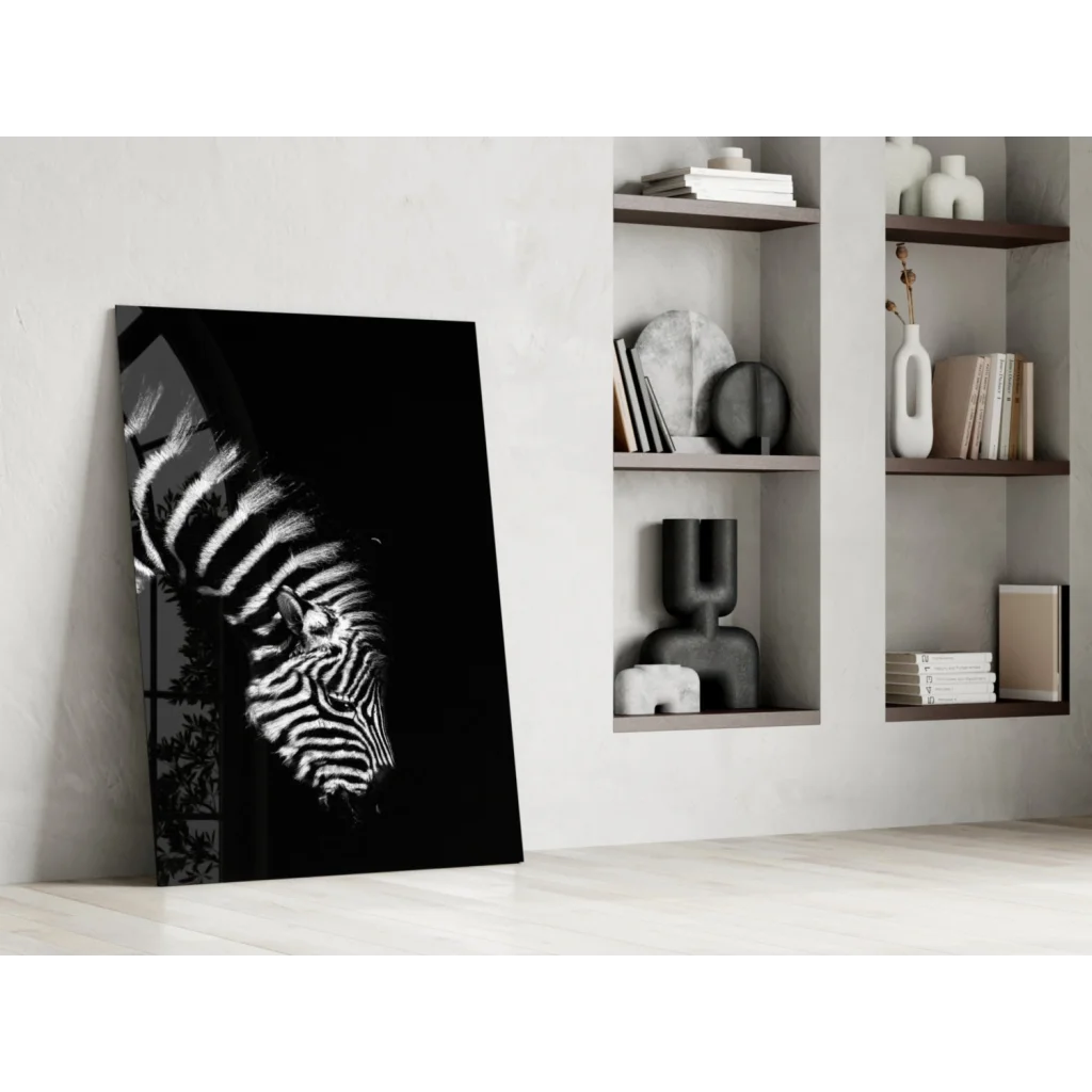Stunning zebra glass wall art canvas with bold stripes leaning on wall