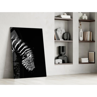 Stunning zebra glass wall art canvas with bold stripes leaning on wall