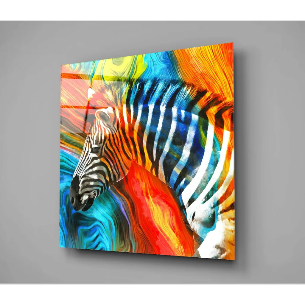 Vibrant electric zebra swirl glass wall art with bold stripes