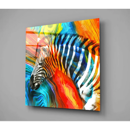 Vibrant electric zebra swirl glass wall art with bold stripes