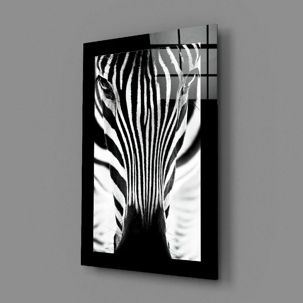 Bold black and white zebra portrait glass wall art in black frame