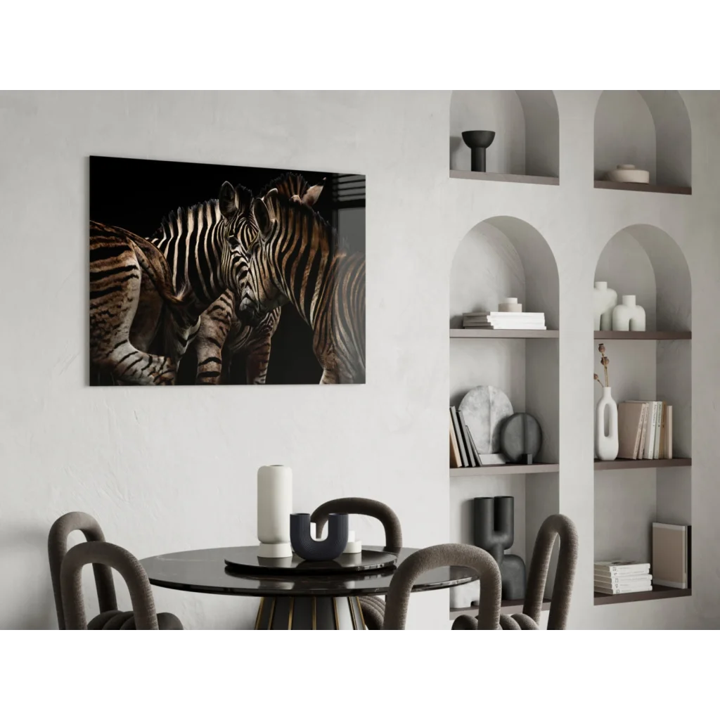 Black-and-white zebra glass wall art print mounted on wall