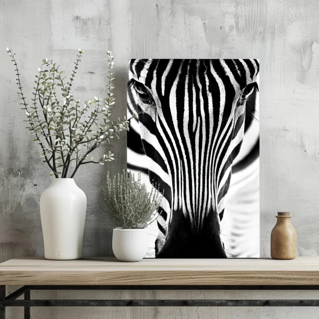 Striking zebra eye insigne aluminum print with bold stripes