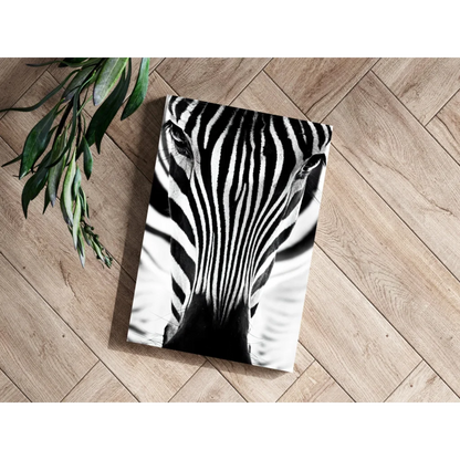 Striking zebra eye insigne aluminum print with bold black-and-white stripes