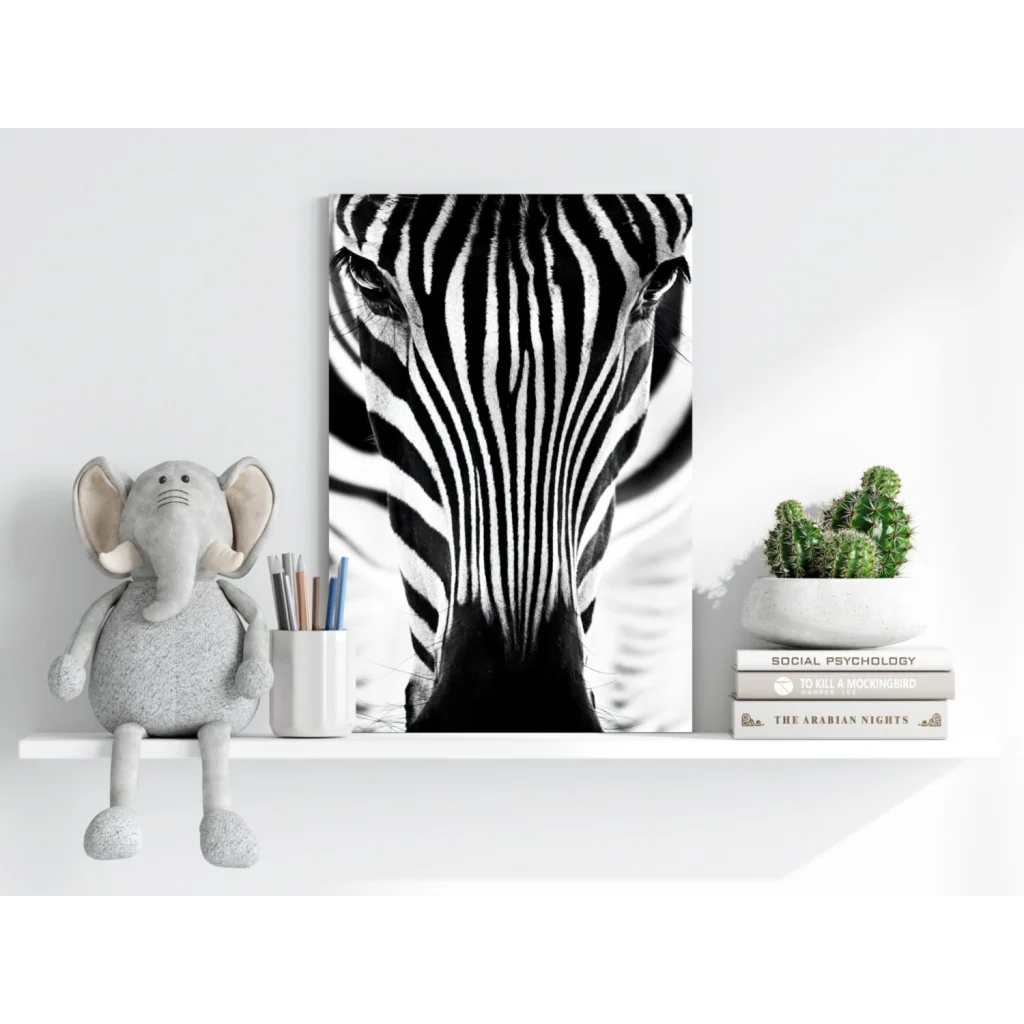 Bold zebra face close-up on insigne aluminum prints for modern walls