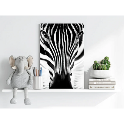 Bold zebra face close-up on insigne aluminum prints for modern walls