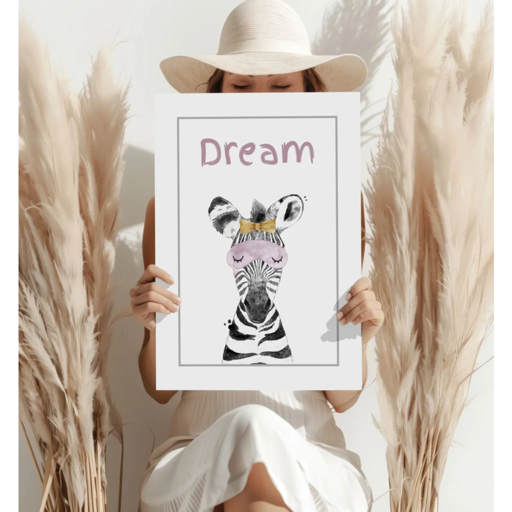 Zebra print dream poster in pink and white frame with crown and bow