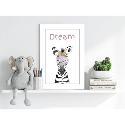 Zebra print dream poster with pink text in white frame on shelf