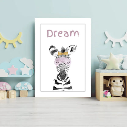 Zebra print dream wall art set with pink crown and gold bow