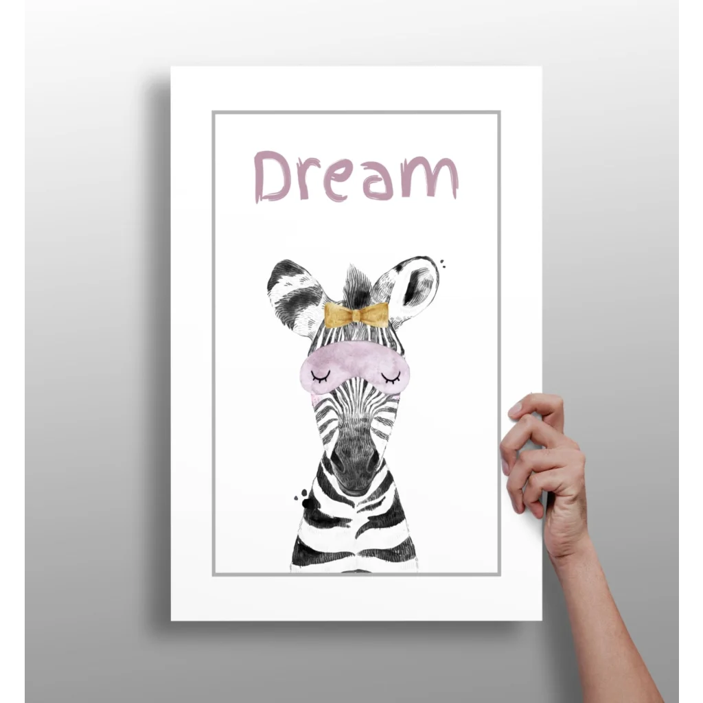 Zebra print dream wall art with pink crown, gold bow on white background